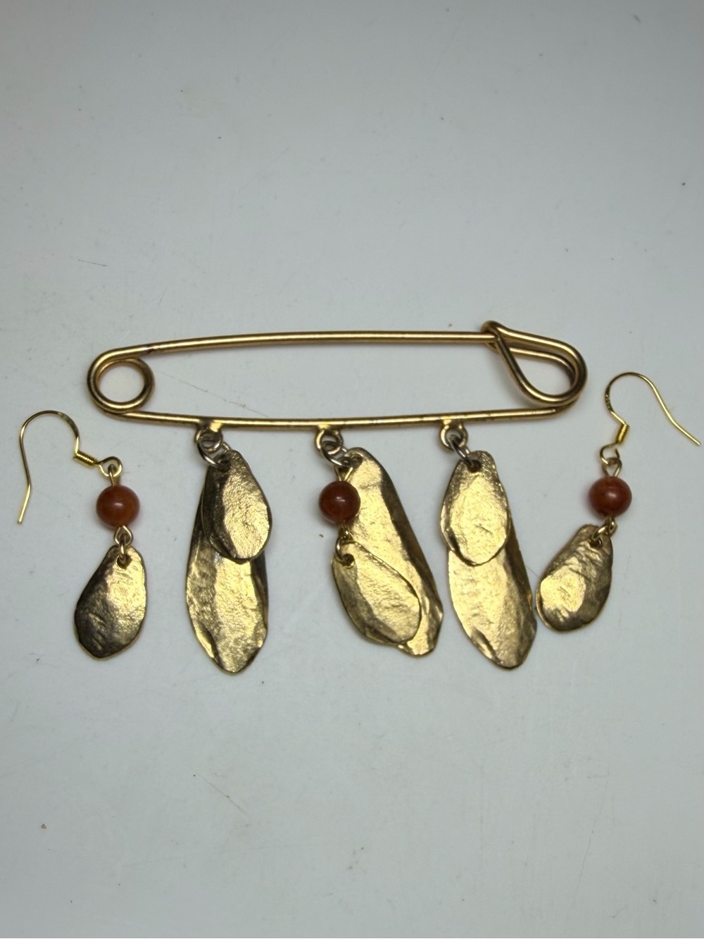 Handmade Gold-Tone Leaf Drop Brooch & Earring Set
